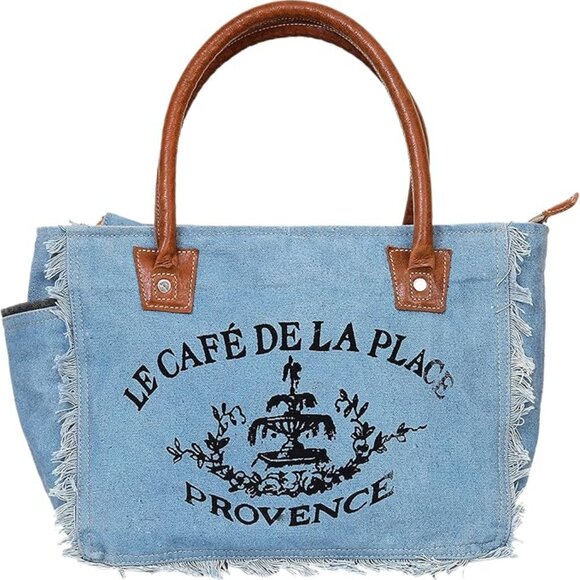 Neiman Marcus LE CAFE DE LA PLACE PROVENCE Canvas Leather Tote Bag - Picture 3 of 5